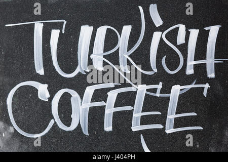 information Sign for Turkish coffee Written on a Blackboard in Chalk Stock Photo