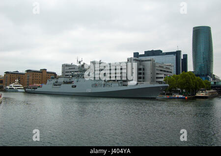 London, UK, 08/05/2017 INS TARKASH F50 stealth warship of the Indian navy visits  London on a goodwill visit moored at Canary Wharf. Stock Photo