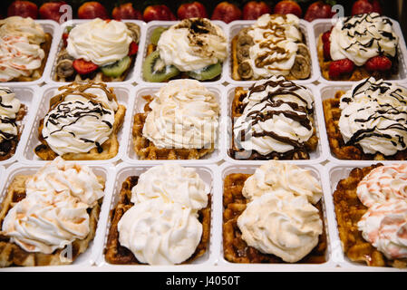 Selection of Belgian Waffles with cream in Brussels Stock Photo