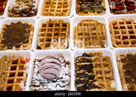 Selection of Belgian Waffles with cream in Brussels Stock Photo