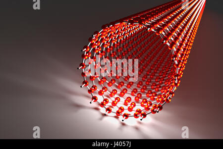 Straight Carbon Nanotube, Red Atoms and White Bonds Stock Photo