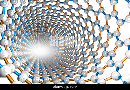 Nanotube, Orange and Blue Bonds, White Atoms Stock Photo