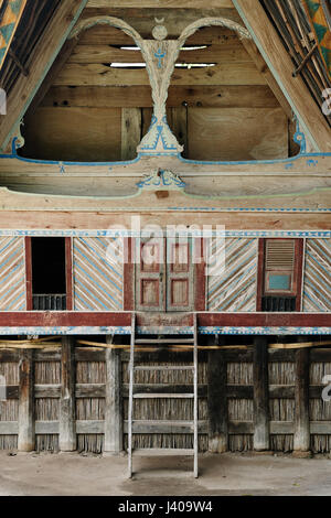 Indonesia, Facade of Batak house on Samosir island which is located on lake Toba in Sumatra Stock Photo