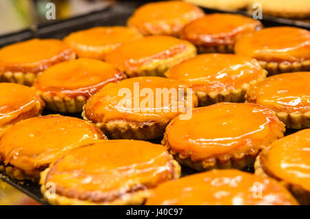 delicious egg tart on tray, spanish typical sweets Stock Photo