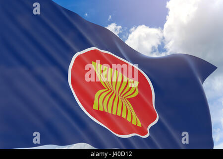 3D rendering of Asean Economic Community flag waving on blue sky background, The flag of the Association of Southeast Asian Nations (AEC) Stock Photo