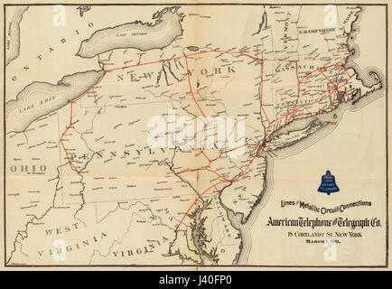 A 1891 publication by the American Telephone and Telegraph Company detailing their metallic circuit connections, illustrating the network's extent and infrastructure at that time. Stock Photo