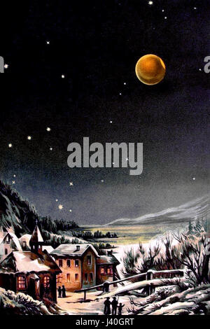 A drawing illustrating a lunar eclipse, where the Earth comes between the sun and the moon, casting its shadow on the lunar surface. The artwork captures the dramatic phase when the moon appears red due to the Earth's atmosphere filtering sunlight, a phenomenon known as the 'blood moon.' Stock Photo