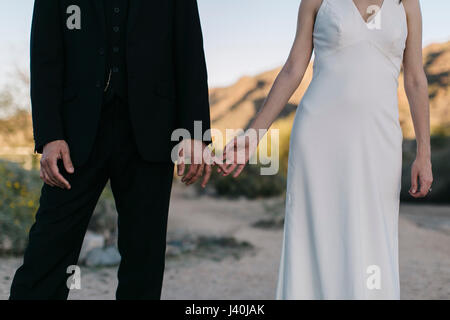 Bride and groom, in arid landscape, touching hands, mid section Stock Photo