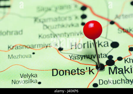 Donetsk pinned on a map of Ukraine Stock Photo