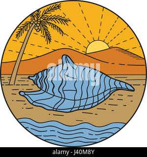 Mono line style illustration foa conch shell laying on beach with mountain, sun and coconut tree in the background set inside circle. Stock Vector