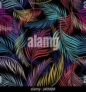 Bright multicolored pattern of leaves of palm trees on a dark background Stock Vector