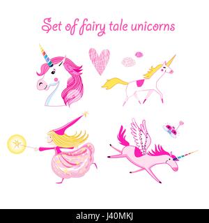 Vector illustration set of unicorns and magic on a white background Stock Vector