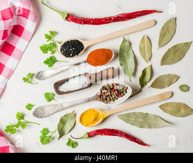 Spices in different spoons on a stone white background. Stock Photo