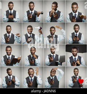 Smartphone addiction concept. Collage, portrait handsome executive businessman always checking something on smart phone simultaneously multitasking is Stock Photo