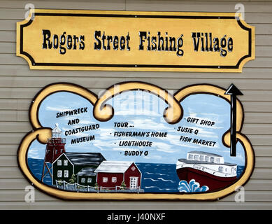 Sign advertising Rogers Street Fishing Village museum complex in Two Rivers, Wisconsin Stock Photo