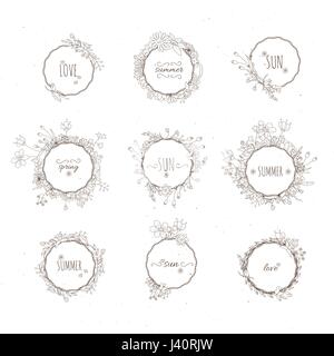 Rustic hand drawn flower elements set. Vector floral doodles, branches, flowers, laurels and frames. Stock Vector