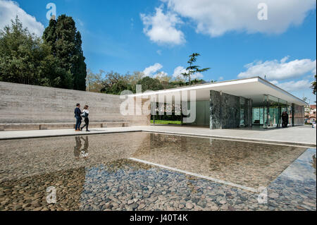 Pavillion Mies van der Rohe by the German architect Ludwig Mies van der Rohe in the Bauhaus style. Stock Photo