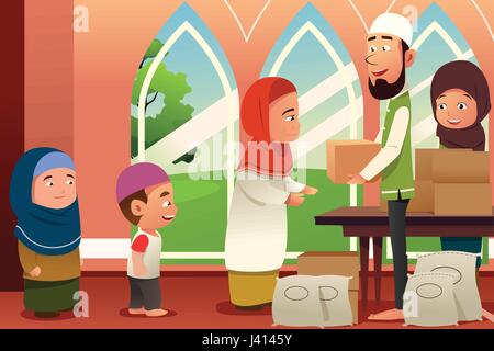 A vector illustration of Muslims Giving Donations to Poor People Stock Vector