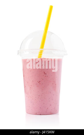 Strawberry smoothie in plastic transparent cup isolated on white background Stock Photo