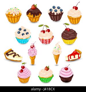 Set of vector cupcake, muffin, cheesecake, ice cream with fresh berries isolated on white. Sweet desserts as unhealthy food concept. Stock Vector
