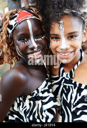 Portuguese African decent dancers performing in Lisbon's city center. Stock Photo