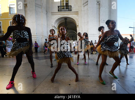 Portuguese African decent dancers performing in Lisbon's city center. Stock Photo