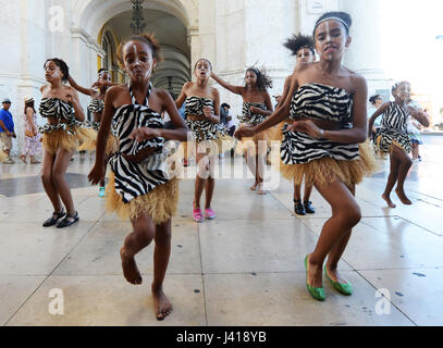 Portuguese African decent dancers performing in Lisbon's city center. Stock Photo