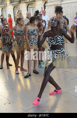 Portuguese African decent dancers performing in Lisbon's city center. Stock Photo