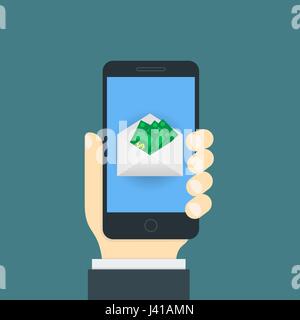 Mobile screen with money in the mail envelope. Dollar banknote g Stock Vector