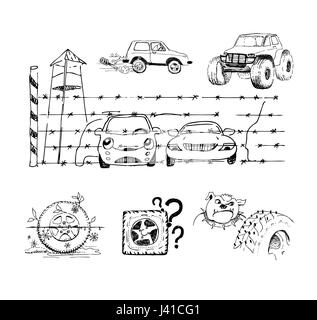 Funny sketches about cars and their accessories Stock Vector