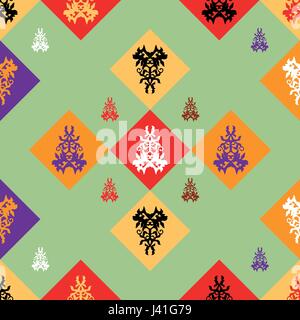 Seamless colorful vector geometric pattern with ornamental decor on green background Stock Vector