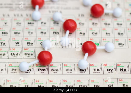 Plastic ball-and-stick models of water molecules on a white background. Water molecules consist of two hydrogen atoms connected to an oxygen atom. Stock Photo