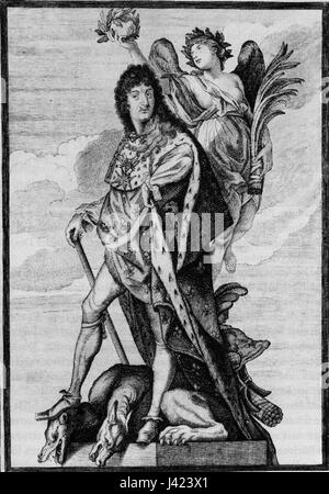 A portrait of King Louis XIV of France, often called the 'Sun King,' reflecting his grandeur and regal influence during his reign in the 17th century, symbolizing the absolute monarchy of France. Stock Photo