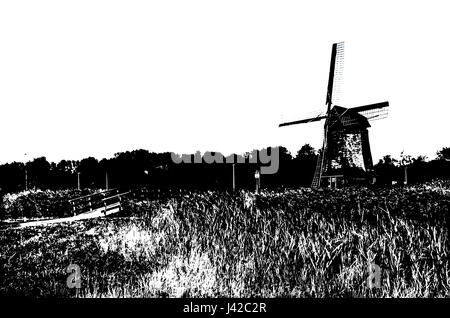 Black and white silhouette of a Dutch windmill Stock Photo