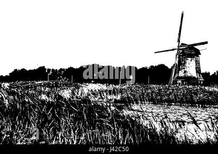 Black and white silhouette of a Dutch windmill Stock Photo