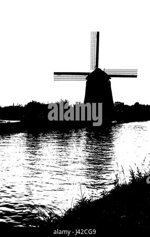 Black and white silhouette of a Dutch windmill Stock Photo