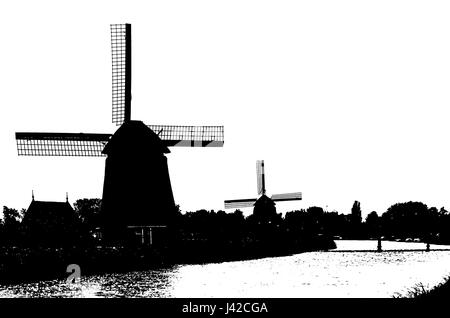 Black and white silhouette of a Dutch windmill Stock Photo