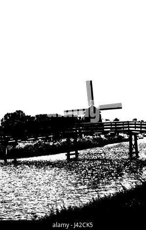 Black and white silhouette of a Dutch windmill Stock Photo