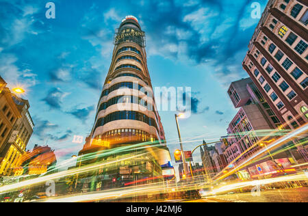 Low angle view of Carrion building at Callao square. Madrid. Spain. Stock Photo