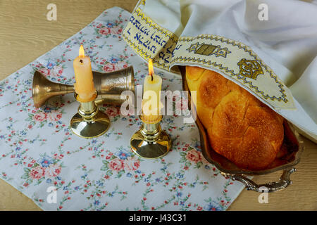 Shabbat Shalom - Traditional Jewish Sabbath ritual challah bread, wine Stock Photo