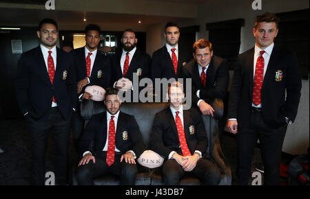 Lions' (from left to right, back row) Ben Te'o, Anthony Watson, Joe Marler, Conor Murray, CJ Stander and Jonathan Davies (front row, left to right) Rhys Webb and Liam Williams during the suit fitting at the Hilton Syon Park Hotel, London. Stock Photo