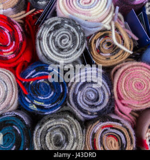 Top view of colorful Tartan Fabric rolls in a shop in Edinburgh, Scotland Stock Photo
