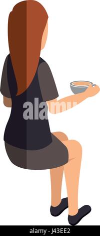 businesswoman drinking coffee isometric avatar character in a sitting position Stock Vector
