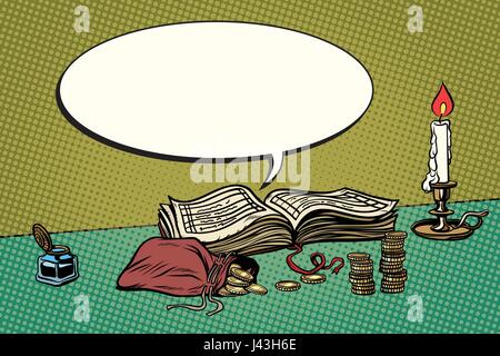 Vintage account book, a candle and gold coins Stock Vector