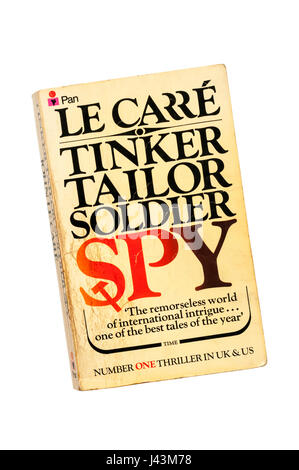 An old battered much-read paperback copy of Tinker Tailor Soldier Spy by John Le Carré (David Cornwell). First published in 1974. Stock Photo