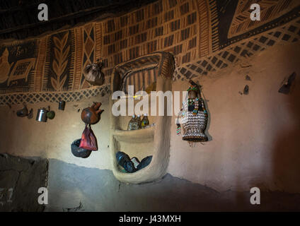 Inside a traditional house with decorated and painted walls, Kembata, Alaba Kuito, Ethiopia Stock Photo