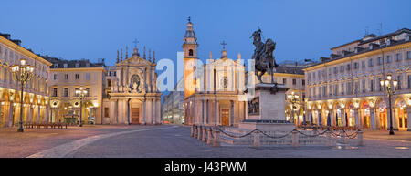 TURIN, ITALY - MARCH 13, 2017: The Piazza San Carlo square at dusk.