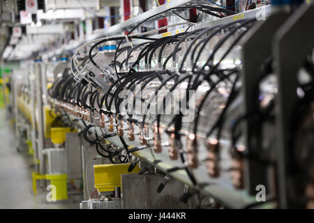 Geneva. 9th May, 2017. Photo taken on May 9, 2017 shows the Linac 4 linear accelerator at the European Organization for Nuclear Research (CERN) in Meyrin near Geneva, Switzerland. Scientists at the CERN inaugurated Tuesday the linear accelerator Linac 4, the newest accelerator acquisition since the Large Hadron Collider (LHC). Linac 4 is due to feed the CERN accelerator complex with particle beams of higher energy, which will allow the LHC to reach higher luminosity by 2021. Credit: Xu Jinquan/Xinhua/Alamy Live News Stock Photo