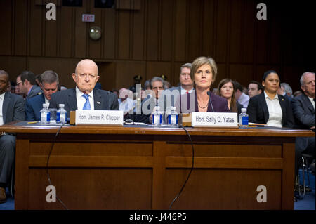 Former Director of National Intelligence of the United States James R. Clapper, left, and former Acting Attorney General of the US Sally Q. Yates, right, appear before the US Senate Committee on the Judiciary Subcommittee on Crime and Terrorism hearing titled ·Russian Interference in the 2016 United States Election· on Capitol Hill in Washington, DC on Monday, May 8, 2017. Credit: Ron Sachs/CNP (RESTRICTION: NO New York or New Jersey Newspapers or newspapers within a 75 mile radius of New York City) · NO WIRE SERVICE · Photo: Ron Sachs/Consolidated News Photos/Ron Sachs - CNP Stock Photo