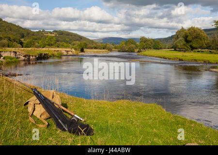 Fly fishing on the River Dee in Wales Stock Photo